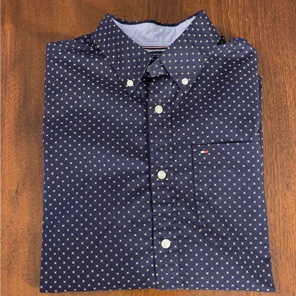Tommy Hilfiger Men’s Small Button-Down Shirt Navy Yellow Cotton Stretch EUC ✨ - Picture 11 of 15